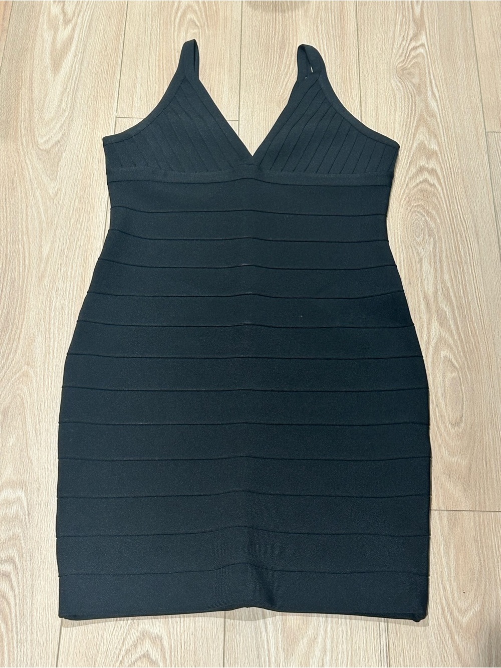 bebe Black Ribbed V-Neck Bandage Bodycon Mini Dress
